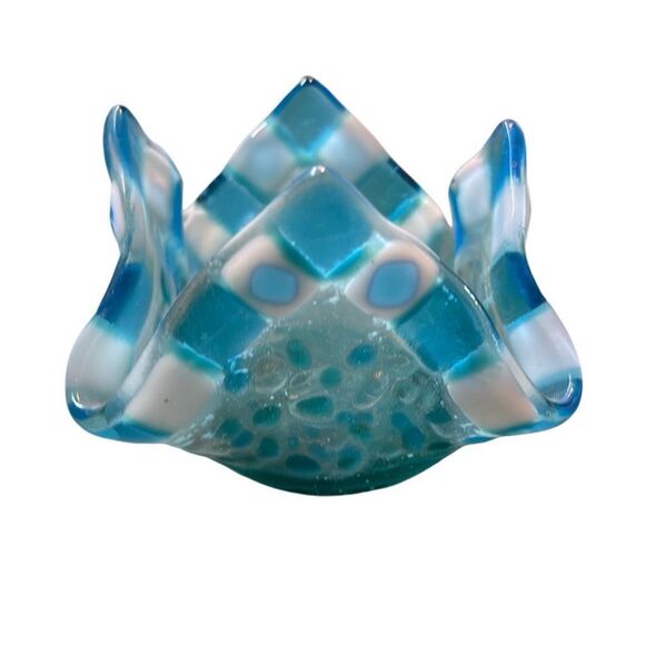 Blue White Fused Art Glass Handkerchief Votive Candle Holder Tea Light - Picture 3 of 7